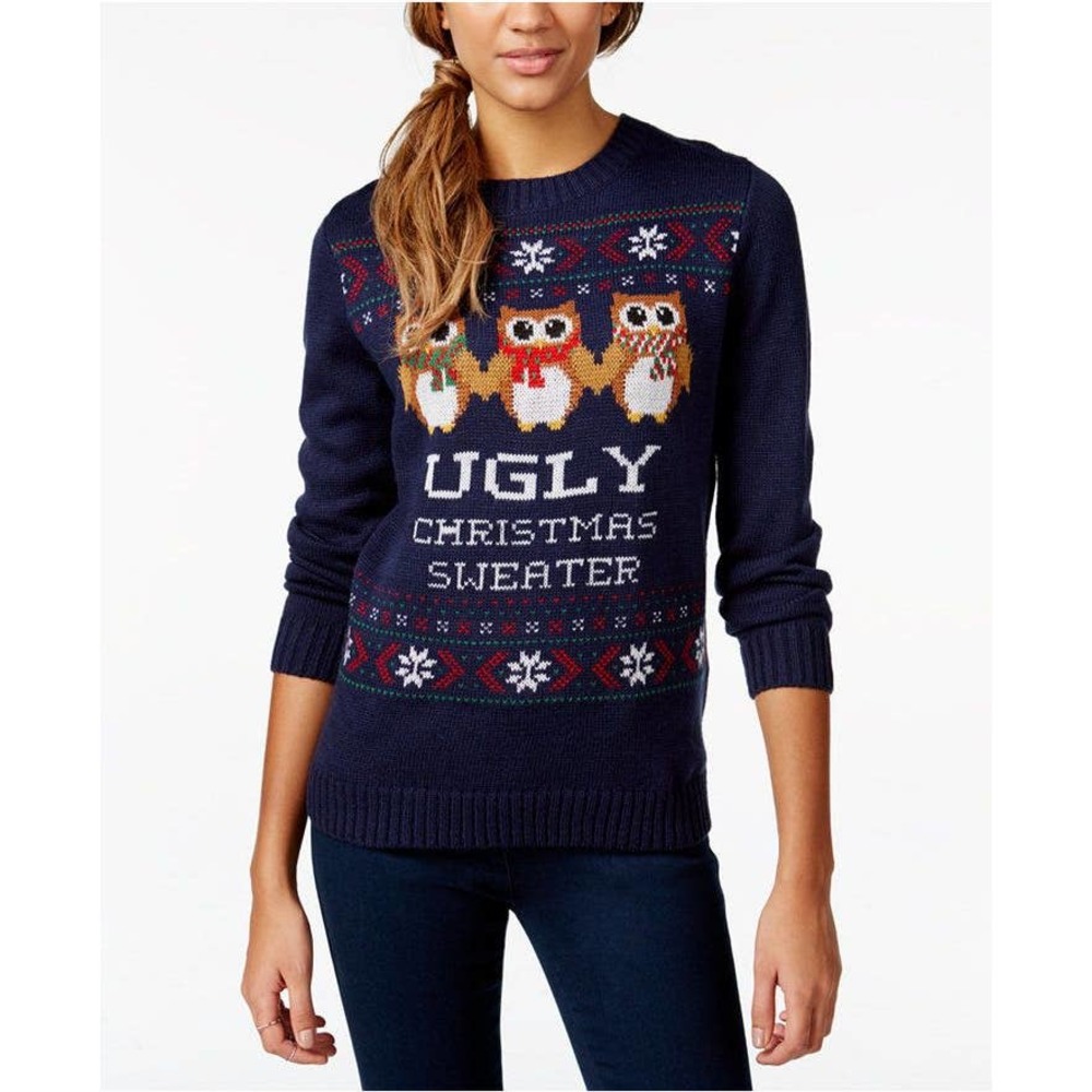 BELLE DU JOUR Ugly Christmas Sweater Navy Blue Owl M